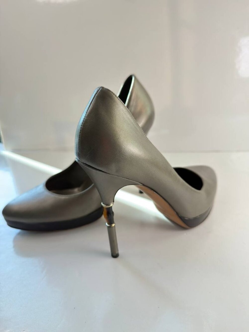 Gucci Metallic Gunmetal Gray Leather High Heel Pumps - Picture 3 of 16